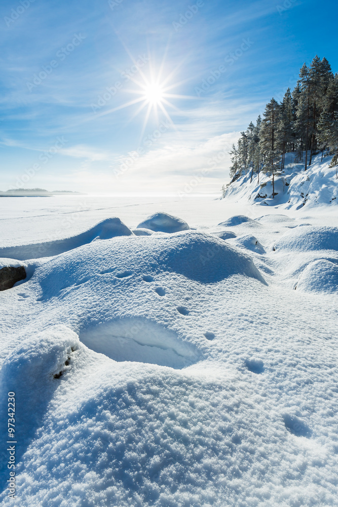 Winter landscape on lakeside