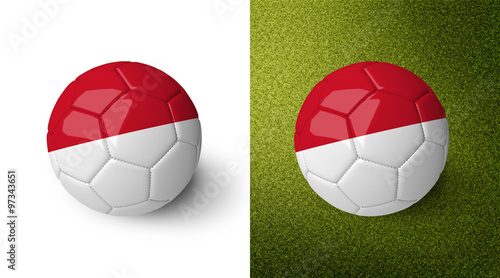 3d realistic soccer ball with the flag of Indonesia on it isolated on white background and on green soccer field. See whole set for other countries.