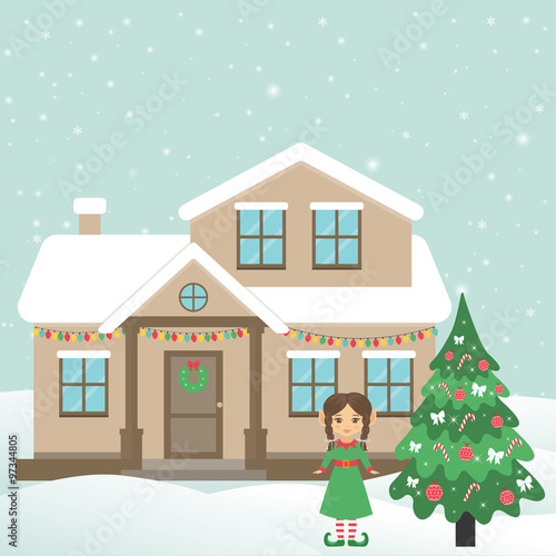 christmas house and fir-tree and girl elf with braid