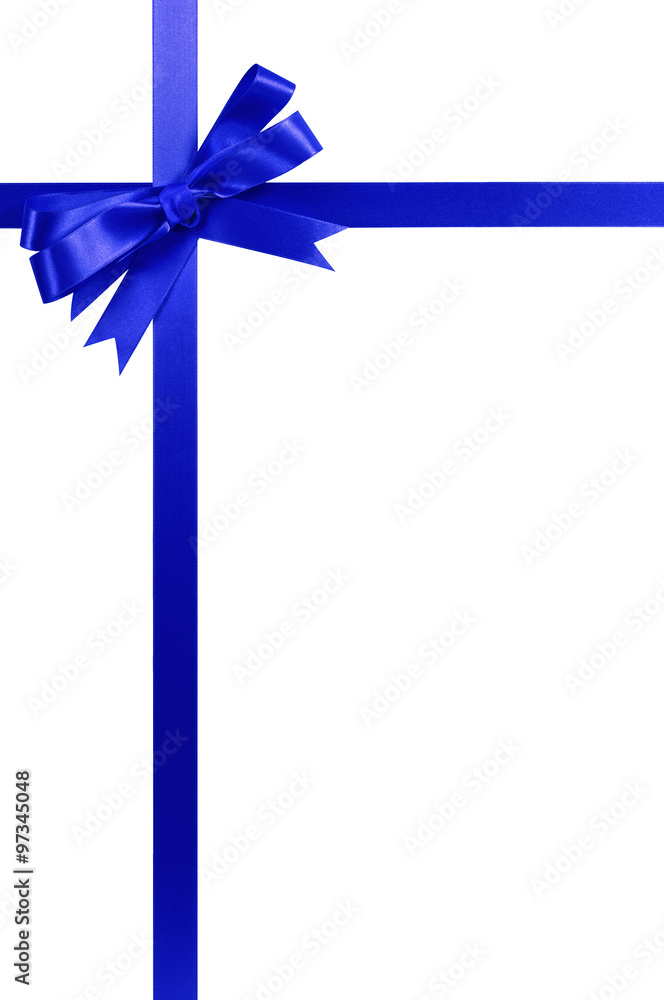 Deep dark blue gift ribbon bow vertical upper top corner border frame isolated on white background for christmas or birthday gift decoration photo Deep dark blue gift ribbon bow vertical upper top corner border frame isolated on white background for christmas or birthday gift decoration photo