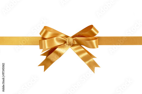Gold gift ribbon bow straight horizontal banner border isolated on white background for christmas or birthday gift decoration photo