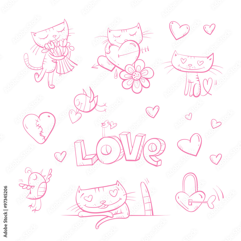 Vector set by Valentine's Day. Cartoon hearts, kittens, flowers and birdies.