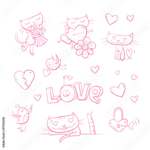 Vector set by Valentine's Day. Cartoon hearts, kittens, flowers and birdies.