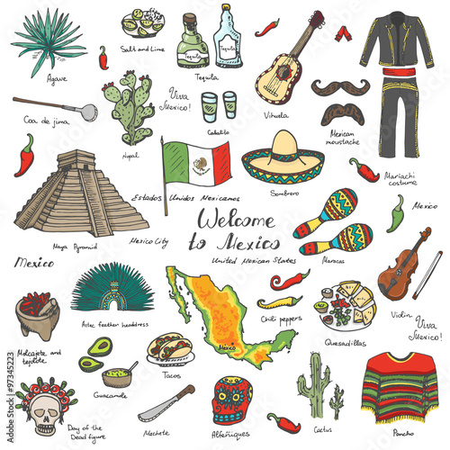 Hand drawn doodle Mexico set Vector illustration Sketchy mexican food icons United Mexican States elements Flag Maracas Sombrero Viva Mexico Maya Pyramid Aztec Tequila Agave Mariachi Poncho Guacamole