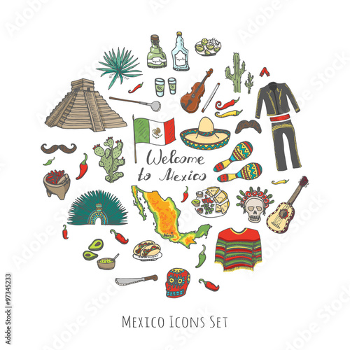 Hand drawn doodle Mexico set Vector illustration Sketchy mexican food icons United Mexican States elements Flag Maracas Sombrero Viva Mexico Maya Pyramid Aztec Tequila Agave Mariachi Poncho Guacamole