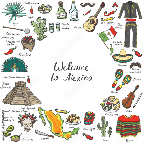 Hand drawn doodle Mexico set Vector illustration Sketchy mexican food icons United Mexican States elements Flag Maracas Sombrero Viva Mexico Maya Pyramid Aztec Tequila Agave Mariachi Poncho Guacamole