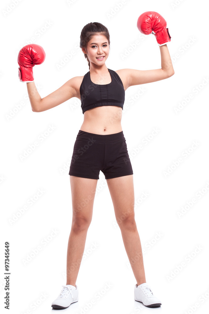 Boxer woman. Boxing fitness woman smiling happy wearing red boxing gloves on white background. Boxer woman. Boxing fitness woman smiling happy wearing red boxing gloves on white background.