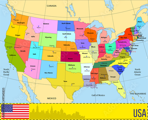 Vector map of USA with states and their capitals