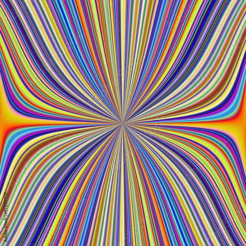 Pinched Waist in Colored Stripes / A digital abstract fractal image with a colorful pinched in the middle striped design in yellow, blue, green, orange and red. © Objowl