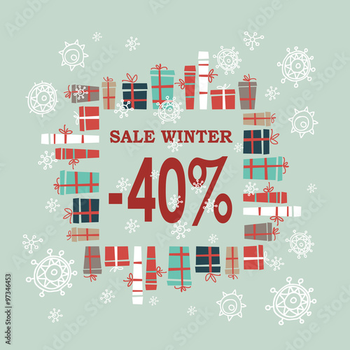 Winter sale background with red letters,gifts and snowflakes.  Vector illustration