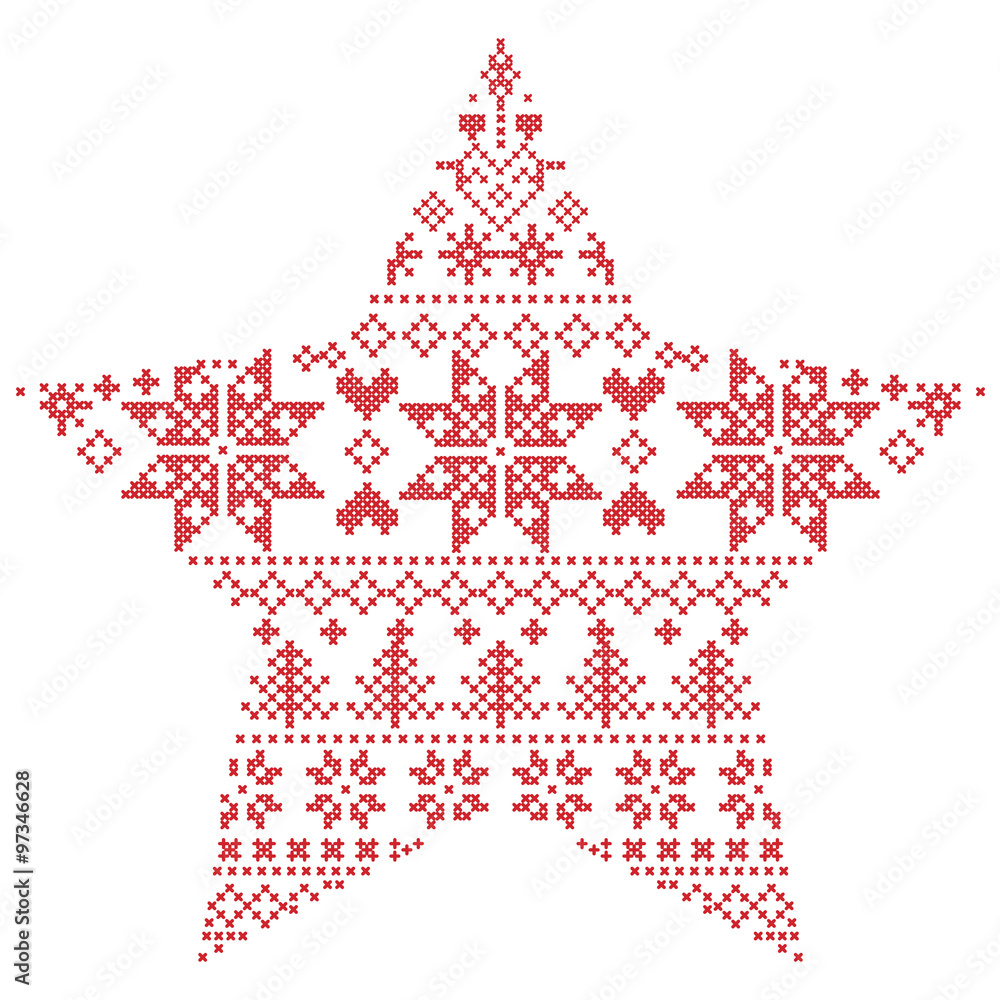 Scandinavian Nordic winter stitch, knitting  christmas pattern in  in star  shape shape including snowflakes, xmas trees, snow, stars, decorative elements, ornaments  on white background 
