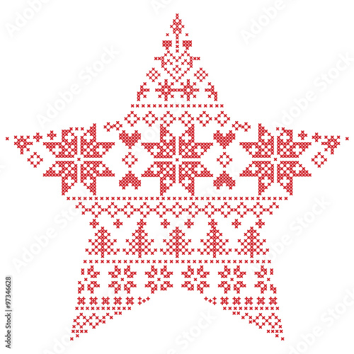 Scandinavian Nordic winter stitch, knitting  christmas pattern in  in star  shape shape including snowflakes, xmas trees, snow, stars, decorative elements, ornaments  on white background 

