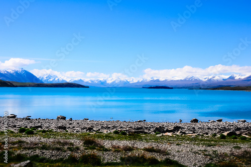 Turquoise Water in Lake Pukaki with Mount Cook Background
