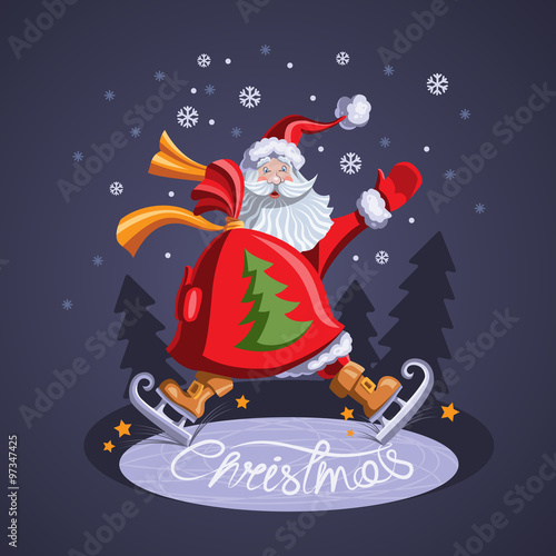Santa Claus skating with a bag of gifts