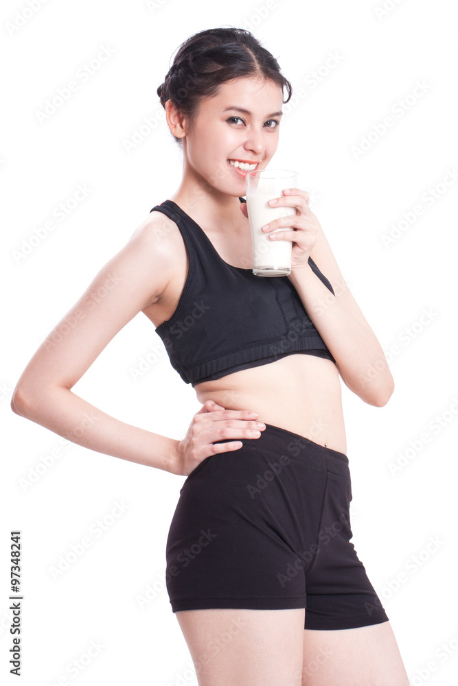 Beautiful healthy woman holding glass of milk on white background. Beautiful healthy woman holding glass of milk on white background.