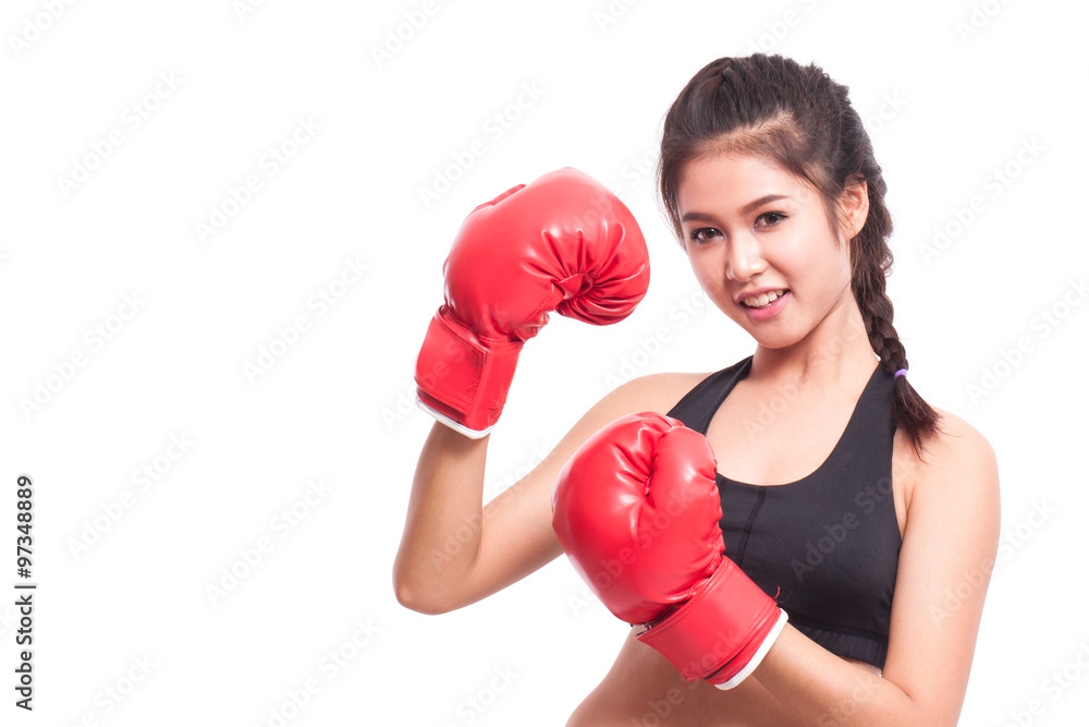 Boxer - fitness woman boxing wearing boxing gloves on white background. Boxer - fitness woman boxing wearing boxing gloves on white background.