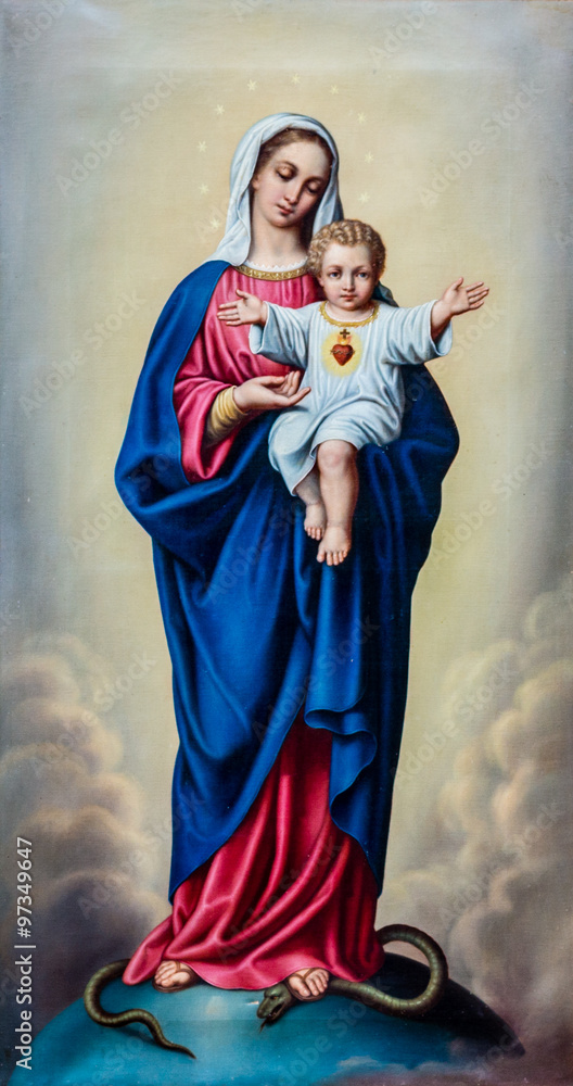 Naklejka premium Painting of Blessed Virgin Mary with Baby Jesus