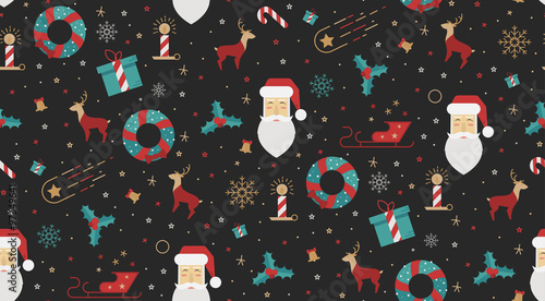 Christmas seamless pattern style flat on a black background. Bright  New Year pattern for wrapping paper, print, cover design, fabric.