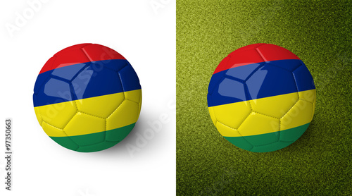 3d realistic soccer ball with the flag of Mauritius on it isolated on white background and on green soccer field. See whole set for other countries.