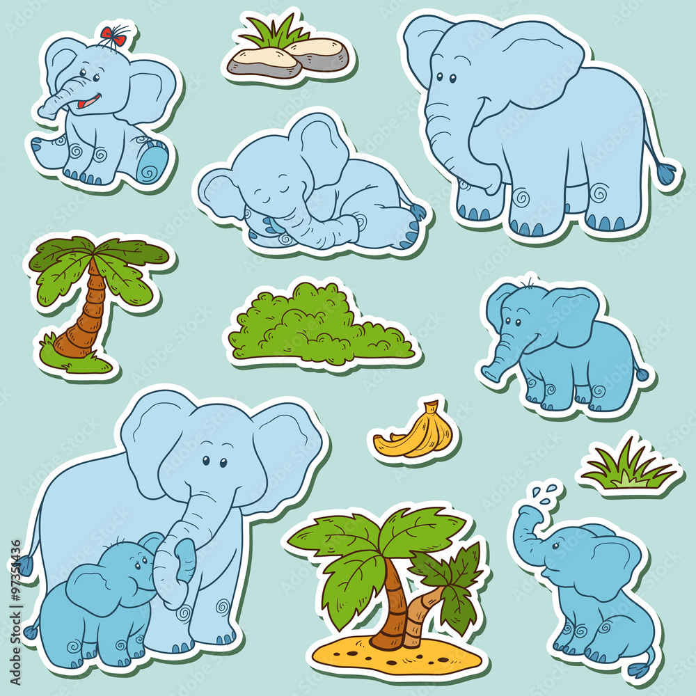 Fototapeta premium Set of cute animals and objects, vector stickers, family of elep