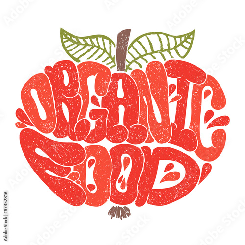 Organic food colored. Letters in apple shape. Organic food background. Stamp shape.
