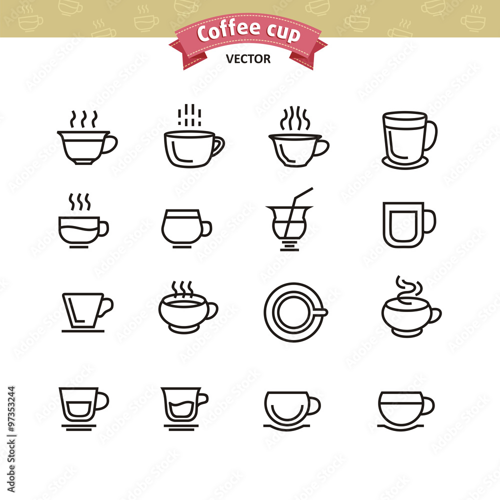 Coffee mugs and cups black outline icons set. Vector Illustration Coffee mugs and cups black outline icons set. Vector Illustration