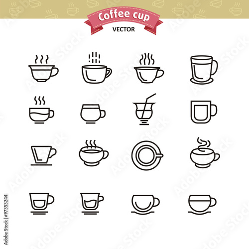 Coffee mugs and cups black outline icons set. Vector Illustration