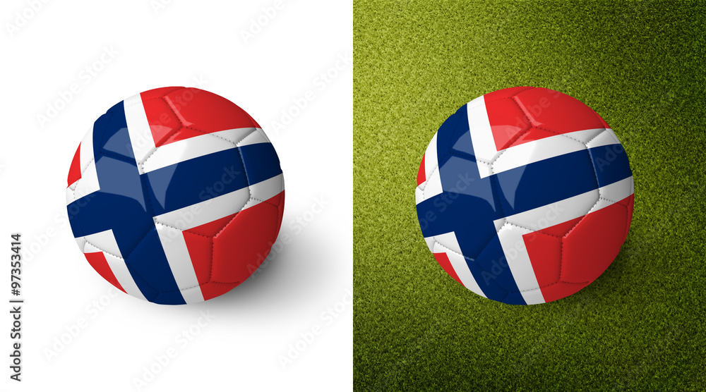 Obraz premium 3d realistic soccer ball with the flag of Norway on it isolated on white background and on green soccer field. See whole set for other countries. 