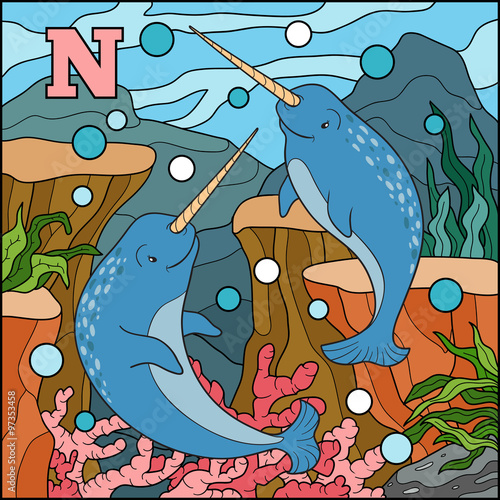 Color alphabet for children: letter N (narwhal)