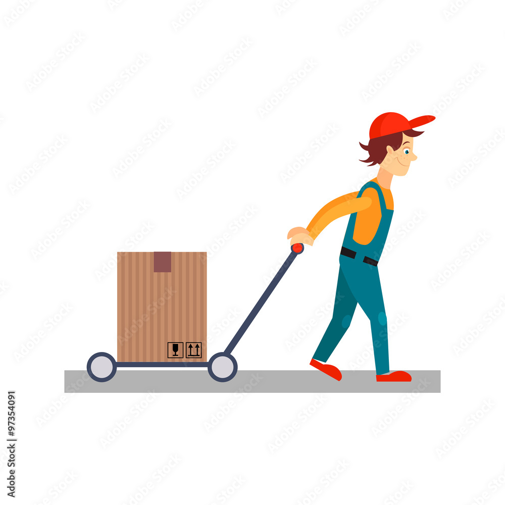 Delivery Man with a Cart Behind Him, Vector Illustration Delivery Man with a Cart Behind Him, Vector Illustration