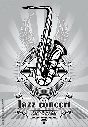 retro poster for jazz concert with saxophone and piano