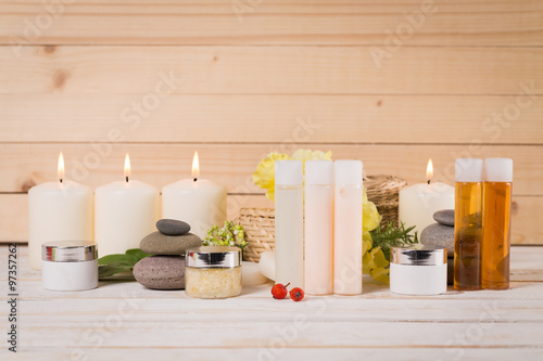 Composition of spa treatment on the white wooden table