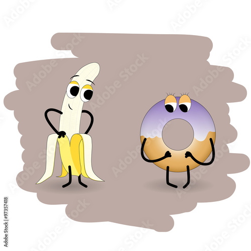 Doodle banana undress peel in front of a donut illustration with a hint