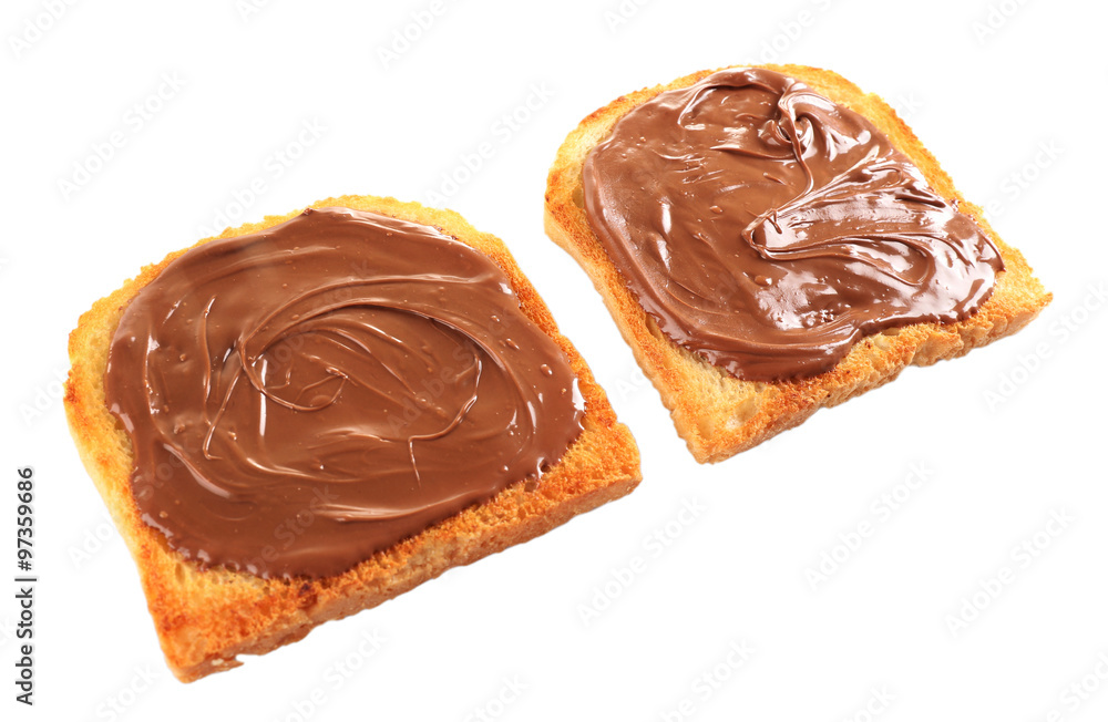 Chocolate poured on piece of bread isolated on white