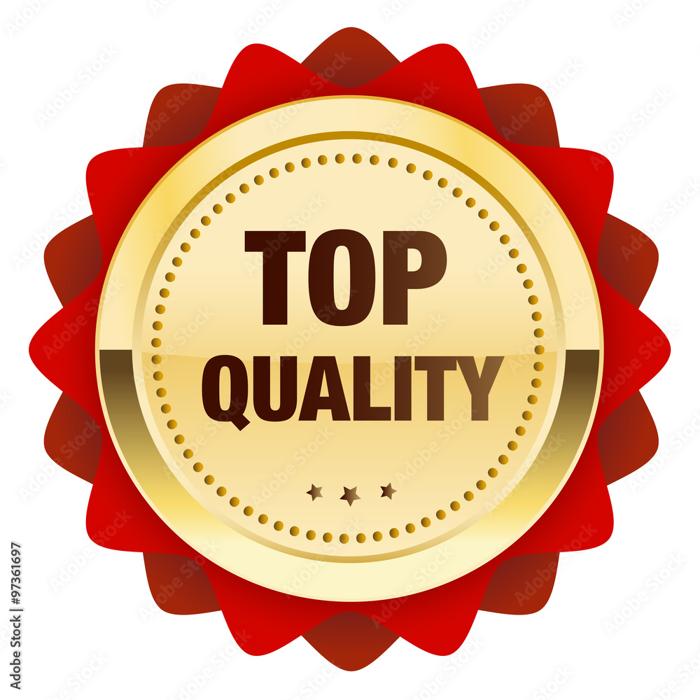 Top quality seal or icon. Glossy golden seal or button with stars and red color. Top quality seal or icon. Glossy golden seal or button with stars and red color.