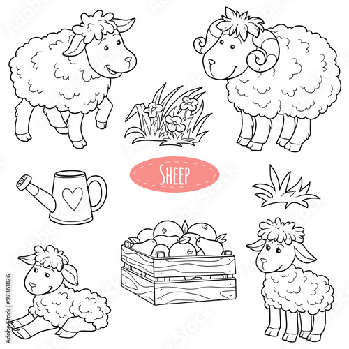 Set of cute farm animals and objects, vector family sheep