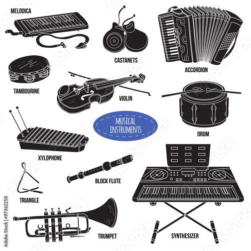 Shadow set with musical instruments, vector cartoon collection