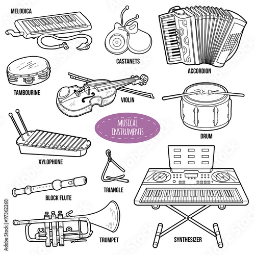 Colorless set with musical instruments, vector cartoon collectio