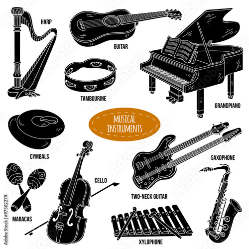 Shadow set with musical instruments, vector cartoon collection