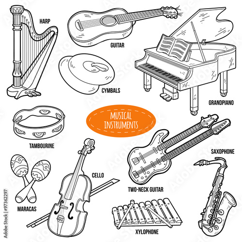 Colorless set with musical instruments, vector cartoon collectio