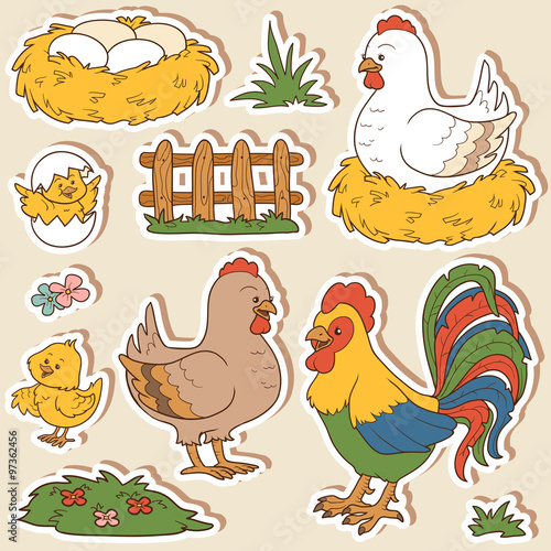 Color set of cute farm animals and objects, vector family chicke