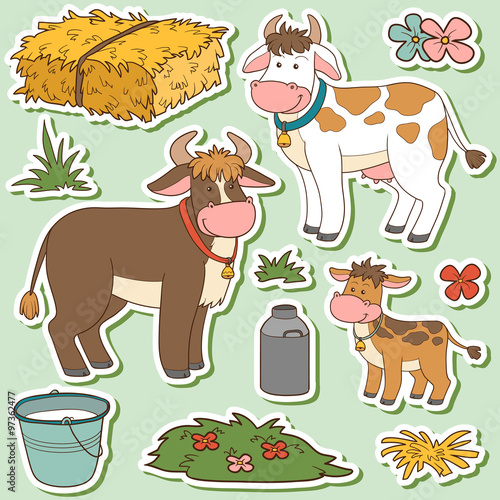 Color set of cute farm animals and objects, vector family cow an