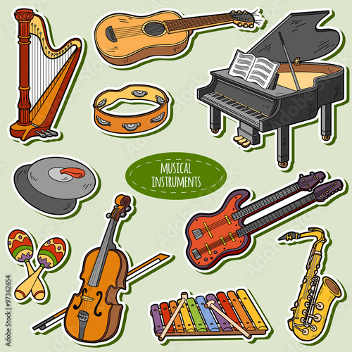 Color set with musical instruments, vector cartoon stickers