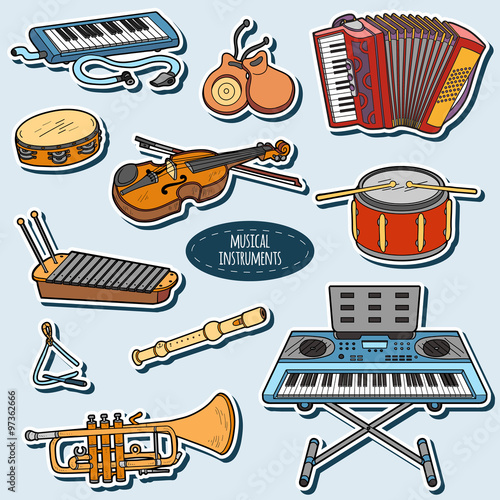 Color set with musical instruments, vector cartoon stickers