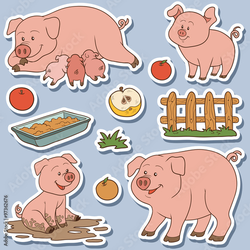 Color set of cute domestic animals and objects, vector family pi
