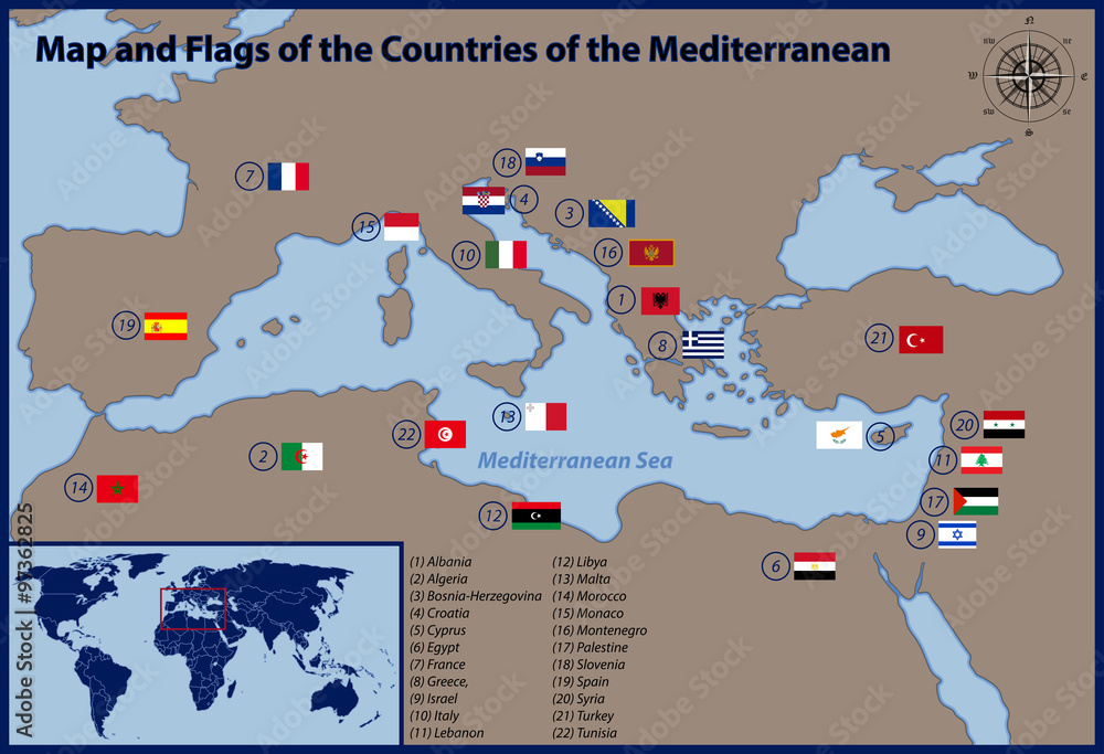 Map and Flags of the Countries of the Mediterranean Stock Vector