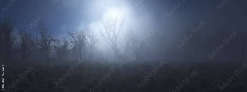 Foggy bare tree forest backlit by moonlight.