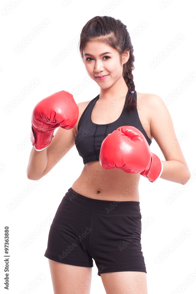 Boxer - Full length fitness woman boxing wearing boxing gloves on white background. Boxer - Full length fitness woman boxing wearing boxing gloves on white background.