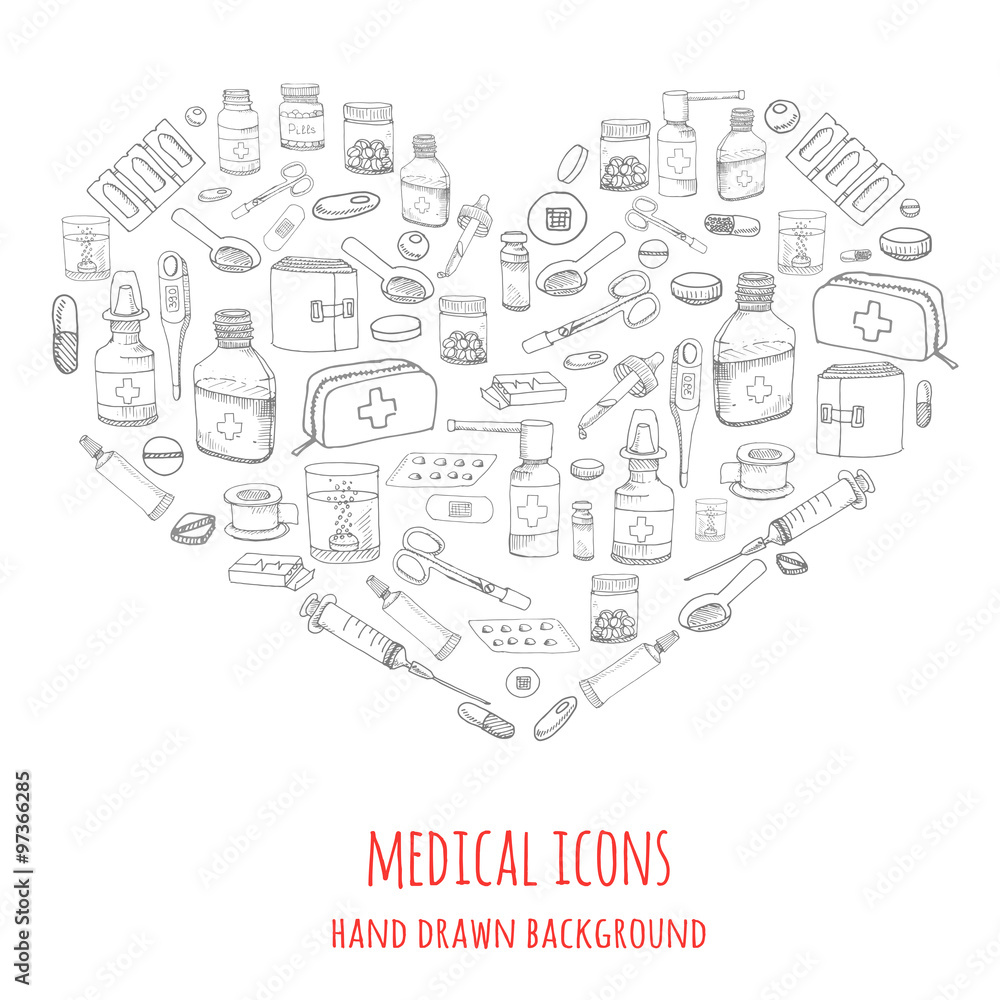 Set of health care and medicine hand drawn icons, doodle medical elements, vector background with wellness freehand drawings Vector sketch illustration with outlined medical icons