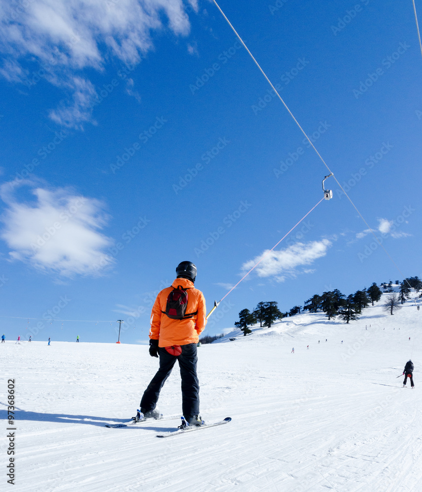 skier lift, blue sky, winter snow